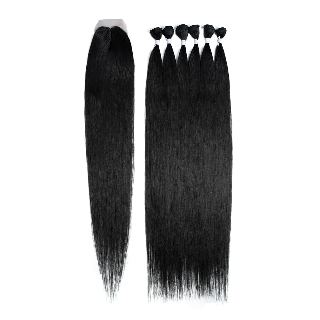 Noble Star Natural Black Color 6 Synthetic Hair Bundles with 1 Hand-Tied Closure 325G Long Yaki Straight Weft Weave Swiss Lace Hair Extension Heat Resistant