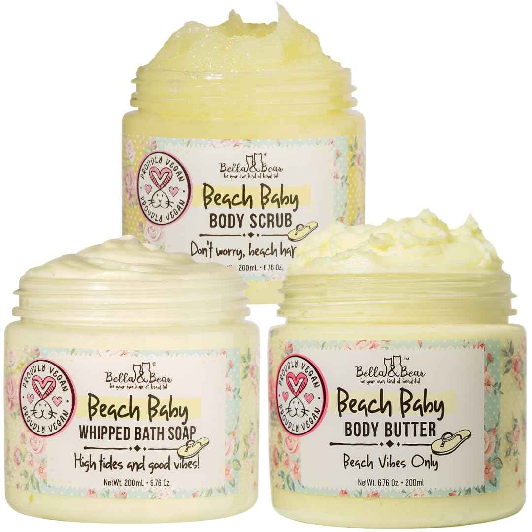 Beach Baby Body Scrub, Whipped Bath Soap & Shave Cream and Shea Body Butter Bundle
