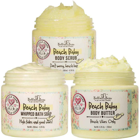 Beach Baby Body Scrub, Whipped Bath Soap & Shave Cream and Shea Body Butter Bundle