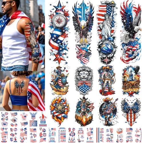 32 Sheets USA Flag Temporary Tattoos, Waterproof 4th of July