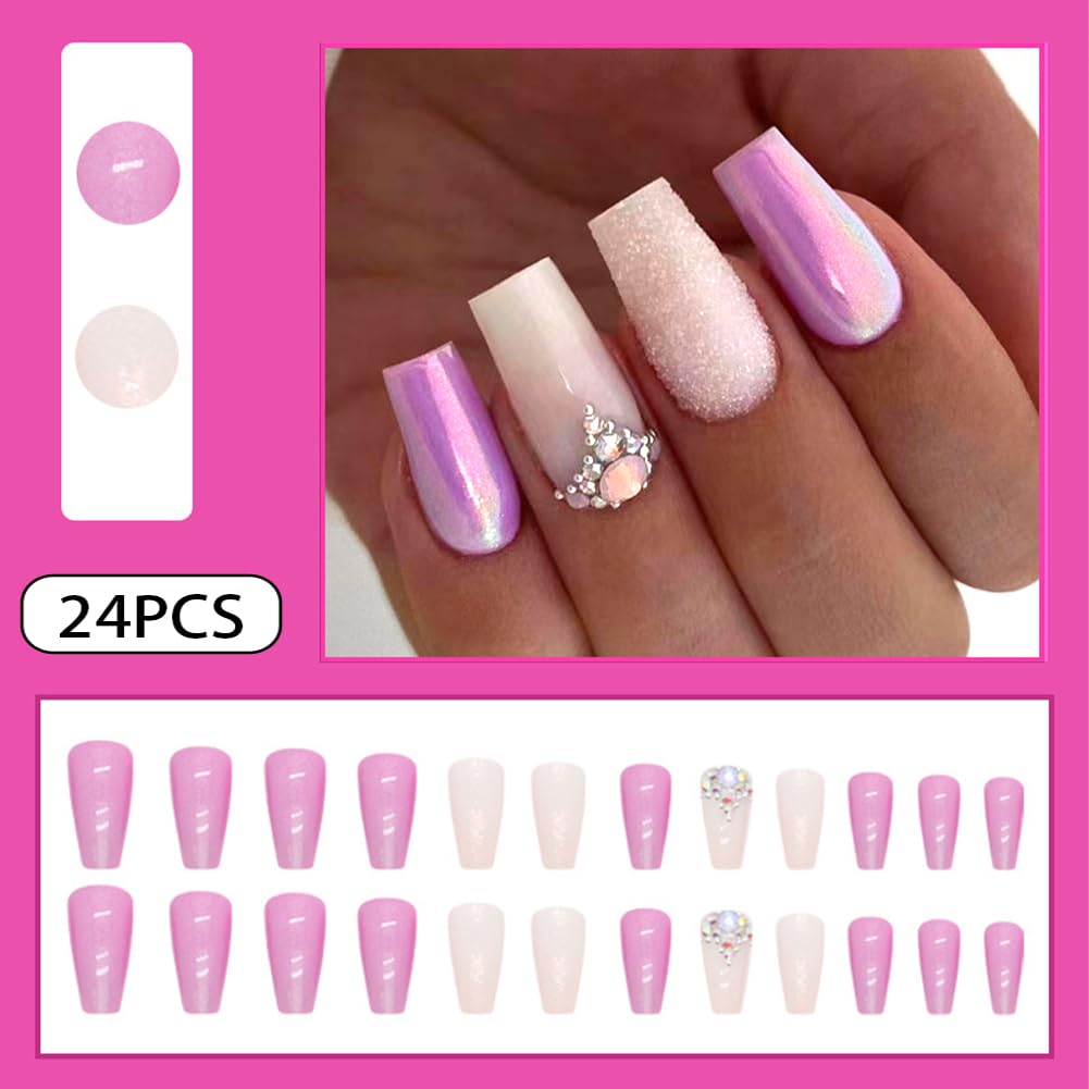 Long Press on Nails Glossy Long Fake Nails Coffin Press on Nails Square Purple Pink False Nails with Glitter & Rhinestones Design Acrylic Nails Press on Artificial Nails Stick on Nails For Women-24Pcs