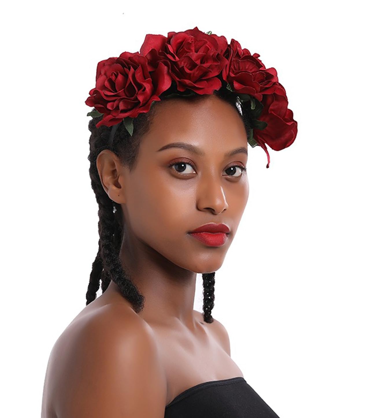 June Bloomy Rose Floral Crown Garland Flower Headband Headpiece for Wedding Festival (Dark Red)