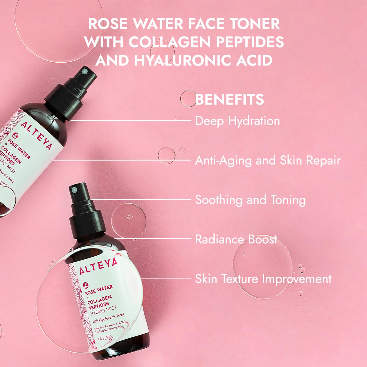 Alteya Organics Rose Water Face Toner with Collagen Peptides and Hyaluronic Acid - 4 Fl Oz/ 120mL