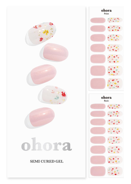 ohora Semi Cured Gel Nail Strips (N Flower Champagne) - Works with Any Nail Lamps, Salon-Quality, Long Lasting, Easy to Apply & Remove - Includes 2 Prep Pads, Nail File & Wooden Stick