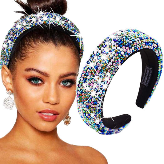 Bouory Sparkly Rhinestone Headbands Padded Wide Hairband Bling Crystal Head Bands for Women 1PCS Corlorful