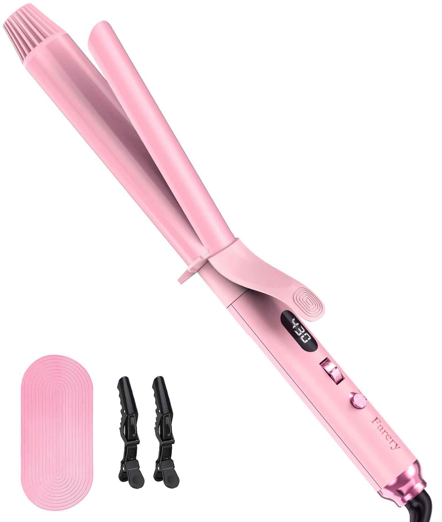 FARERY Long Barrel Curling Iron 1 1/4 inch, 1.25 Inch Curling Iron for Thin Hair, Infused Argan Oil & Keratin, 11 Adjustable Temp, Include Clips & Silicone Pad, Pink