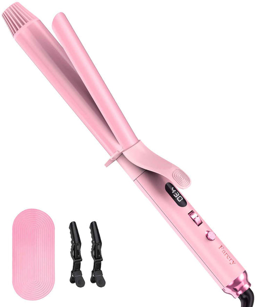 FARERY Long Barrel Curling Iron 1 1/4 inch, 1.25 Inch Curling Iron for Thin Hair, Infused Argan Oil & Keratin, 11 Adjustable Temp, Include Clips & Silicone Pad, Pink