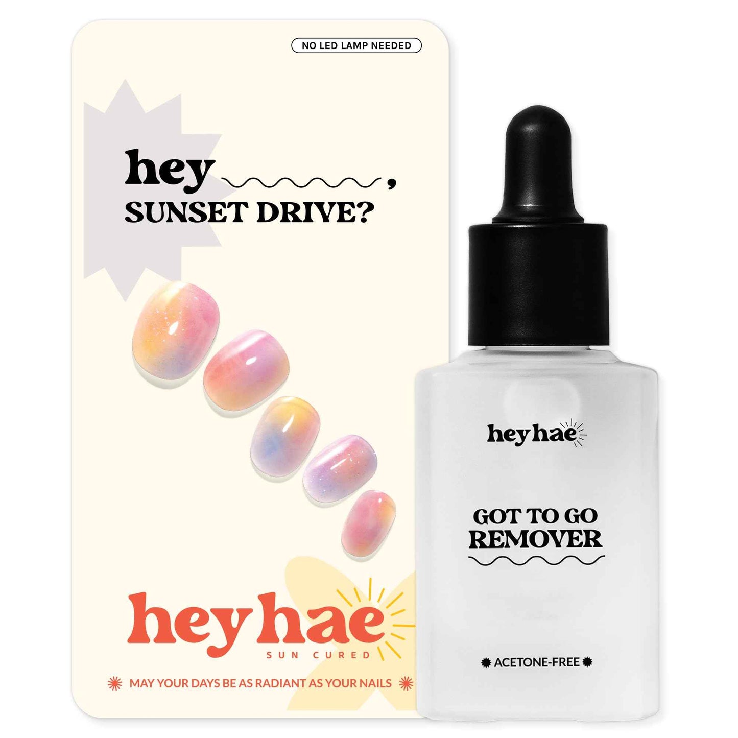 Heyhae Essentials Bundle - Semi Cured Gel Nail Strips (Hey, Sunset Drive?) + Got To Go Remover [2 Pack]