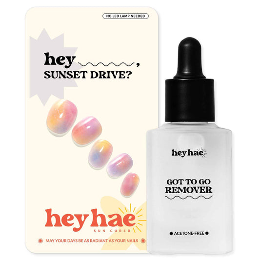 Heyhae Essentials Bundle - Semi Cured Gel Nail Strips (Hey, Sunset Drive?) + Got To Go Remover [2 Pack]