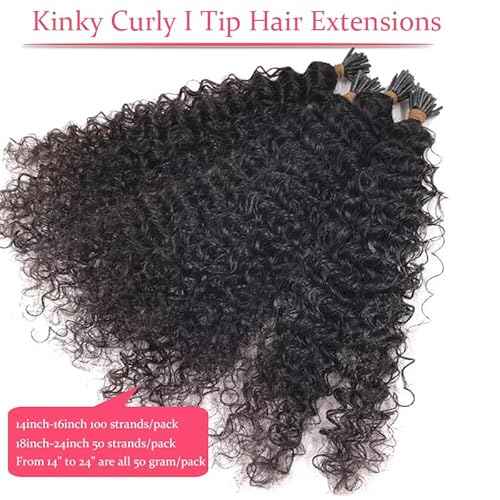50G/Pack 28Inch Long I Tip Hair Extensions Human Hair 4-5 Packs for Full Head Pre Bonded I Tip Hair Bundles Cold Fusion Ketatin Stick Tippeds Real Human Hair Kinky Curly #1B I Tip Hair Extensions