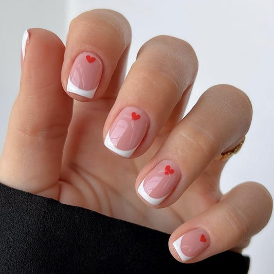 Valentine's Day Press on Nails Short Square Fake Nails White French Tip False Nails Red Hearts Designs Stick on Nails Full Cover Glossy Nude Glue on Nails for Women Holiday Nail Decorations 24pcs