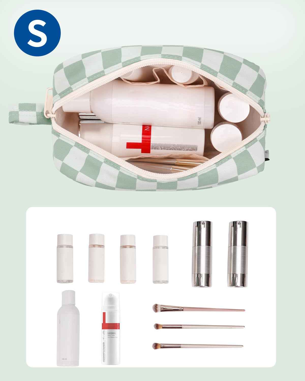 Narwey Small Checkered Makeup Bag for Purse, Gift for Teen Girls, Travel Makeup Pouch Mini Cosmetic Bag Cute Make up Bags Zipper Pouch for Women and Girls (Mint Green Checkerboard, Small)