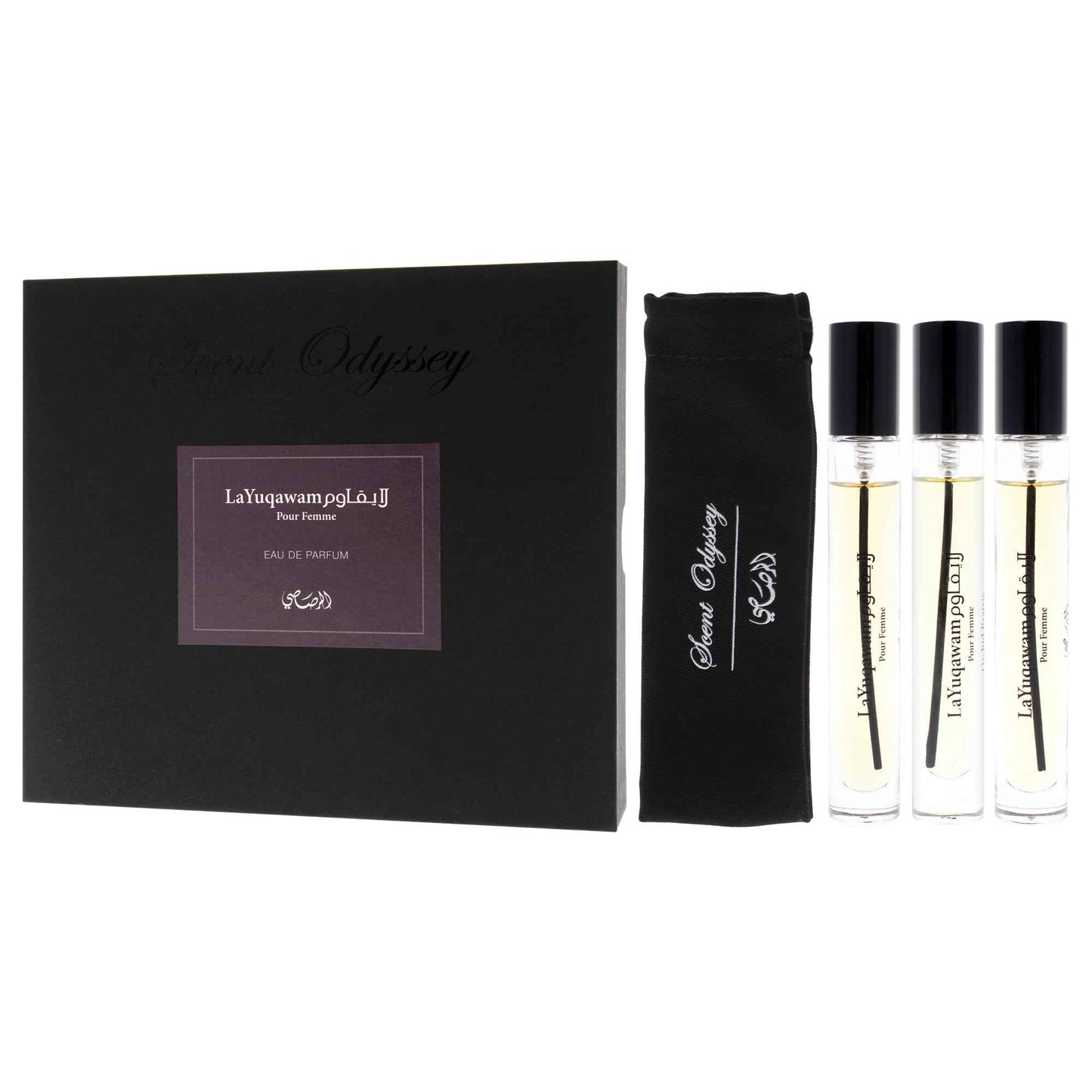 Rasasi Scent Odyssey La Yuqawam for Women | 3-Piece Mini Gift Set | Includes 0.25oz La Yuqawam Pour Femme EDP Spray, | 0.25oz Jasmine Wisp EDP Spray, | 0.25oz Orchid Prairie EDP Spray