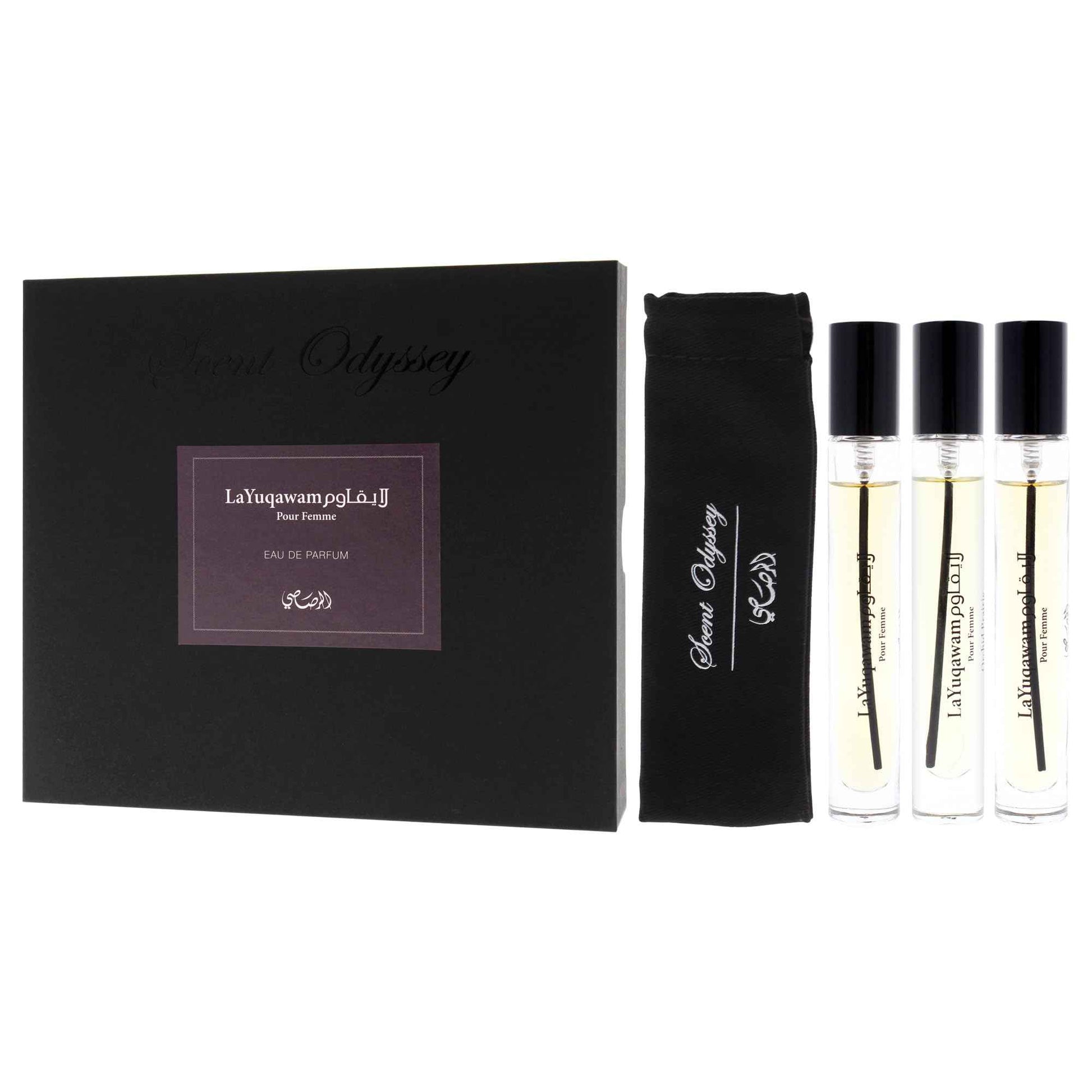 Rasasi Scent Odyssey La Yuqawam for Women | 3-Piece Mini Gift Set | Includes 0.25oz La Yuqawam Pour Femme EDP Spray, | 0.25oz Jasmine Wisp EDP Spray, | 0.25oz Orchid Prairie EDP Spray