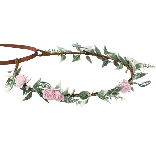 KorViSHOW Weeding Flower Crowns Fairy Headband- Greenary Leaf Renaissance Bohemian Floral Wreath Crafts for Women Girls in Christmas Festival Party Vacation Photography Props Pink Rose