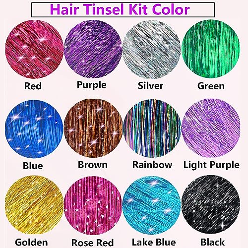 Hair Tinsel Kit (48 Inch,12 Colors, 3600 strands), Fairy Tinsel Hair Extensions with Tools - Glitter Hair Tinsel Kit Heat Resistant Accessories for Girls Women Kids Christmas New Year