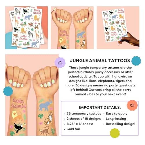 xo, Fetti Jungle Temporary Tattoos - 36 styles | Elephant Arts + Craft, Wild Animal Birthday Party Supplies, Giraffe Safari Baby Shower, Tiger