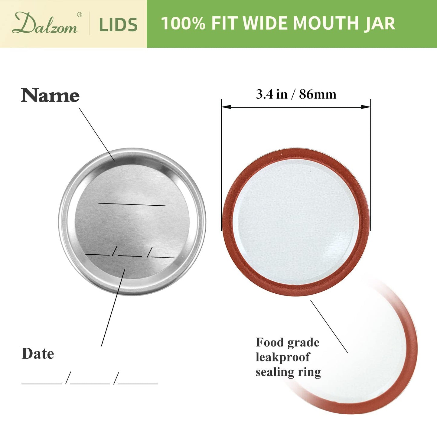 Dalzom® 144Pcs Canning Lids with Rings Wide Mouth, Premium Mason Jar Lids with Rings for Wide Mouth Ball, Kerr Jars - Food Grade Material, 100% Fit & Airtight for Wide Mouth Mason Jars