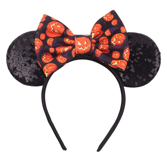 WelyHM Headband, Costume Headwear Mouse Ears Bow for Women Girls, Glitter Sequin Headband Cat Ear Hair Bands Hair Accessories Black Orange Pumpkin