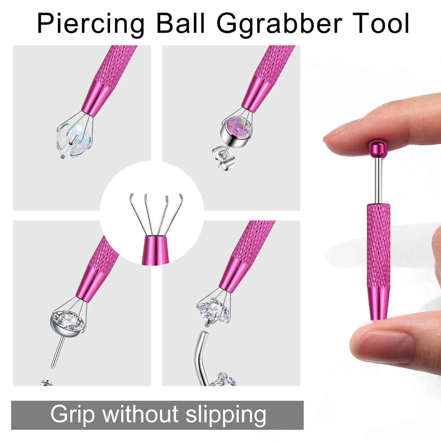 VOJO Piercing Ball Grabber Tool Kit 16G,18G Stainless Steel Flat Back Earrings Applicator with Threaded & Threadless Insertion Pins for Ear Nose Lip Body Jewelry Changes (Silver+Pink+Rose Gold Ball Grabber Tool)