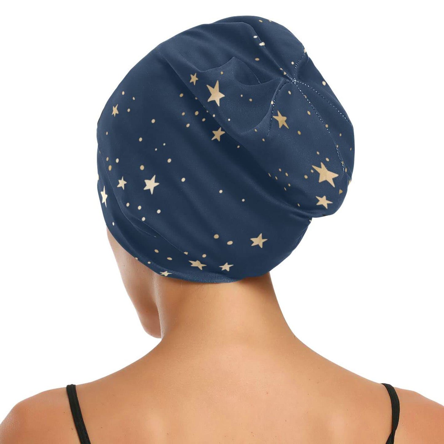 ElliTarr Satin Bonnet Lined Sleep Cap Hair Wrap Cover Slouchy Beanie for Curly Hair Protection for Gifts for Men Women Dark Blue Stars