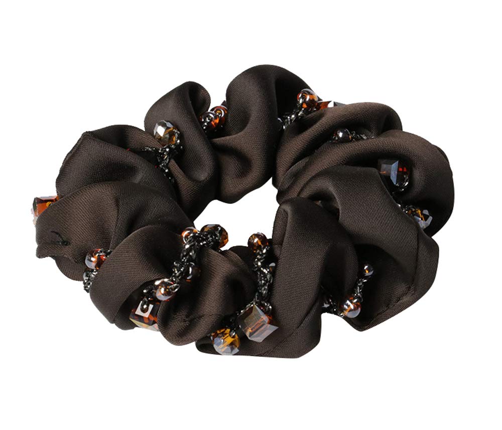 2 Pack Elegant Bling Boho Crystal Beads Hair Ties Hair Ropes String Of Beads Hair Scrunchies Elastics Ponytail Holders Hair Wrist Ties Bands Bracelets Hair Jewelry Hair Accessory for Show Gym Dance Party Gift for Girl Women (Dark Brown)