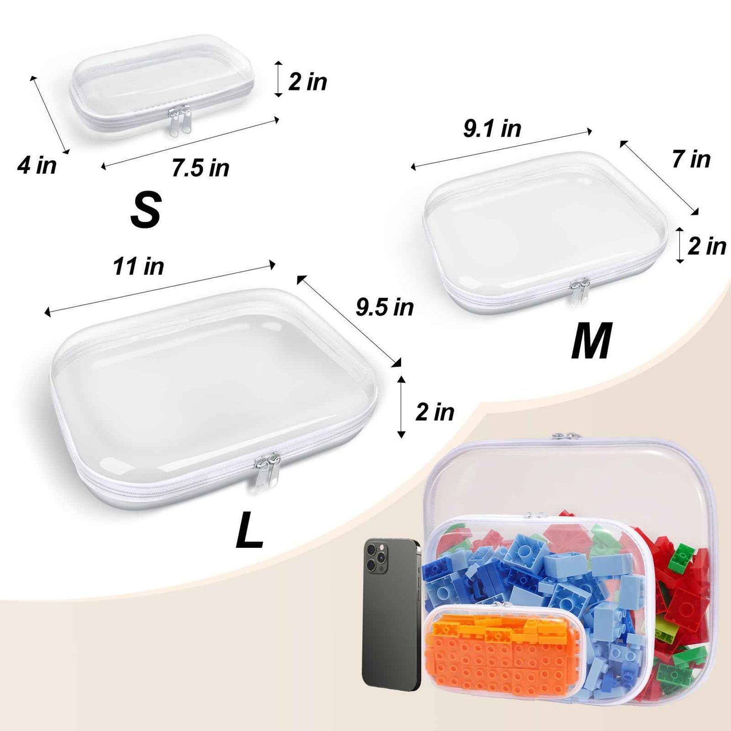 SXS LACONIC Clear Hard Plastic Zipper Case,Transparent Double Zippers Hard Pouch with 3pcs,Portable Travel Organizer Bin for Toy Storage