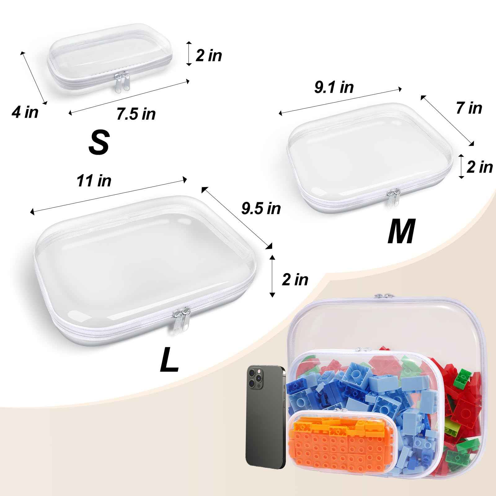 SXS LACONIC Clear Hard Plastic Zipper Case,Transparent Double Zippers Hard Pouch with 3pcs,Portable Travel Organizer Bin for Toy Storage