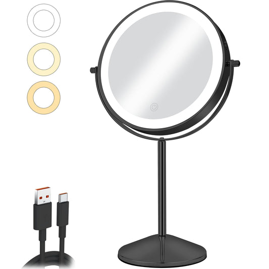 AumVum 8" Vanity Mirror with Lights Rechargeable, 1X/10X Magnifying Makeup Mirror with Touch Screen, 54 LED Adjustable Brightness, 3 Color Modes, 360° Rotation for Tabletop & Bedroom