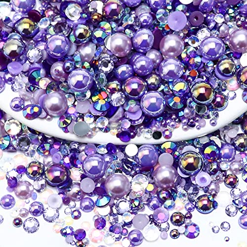 Towenm 60g Mix Pearls and Rhinestones, Flatback Rhinestones and Pearls for Crafts Tumblers Shoes Nails Face Art, 2mm-10mm Mixed Sizes Half Pearls and Rhinestones, Purples