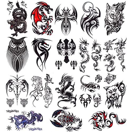 18-Sheet Realistic Fake Tattoos - Waterproof Tribal Dragon & Wolf Designs