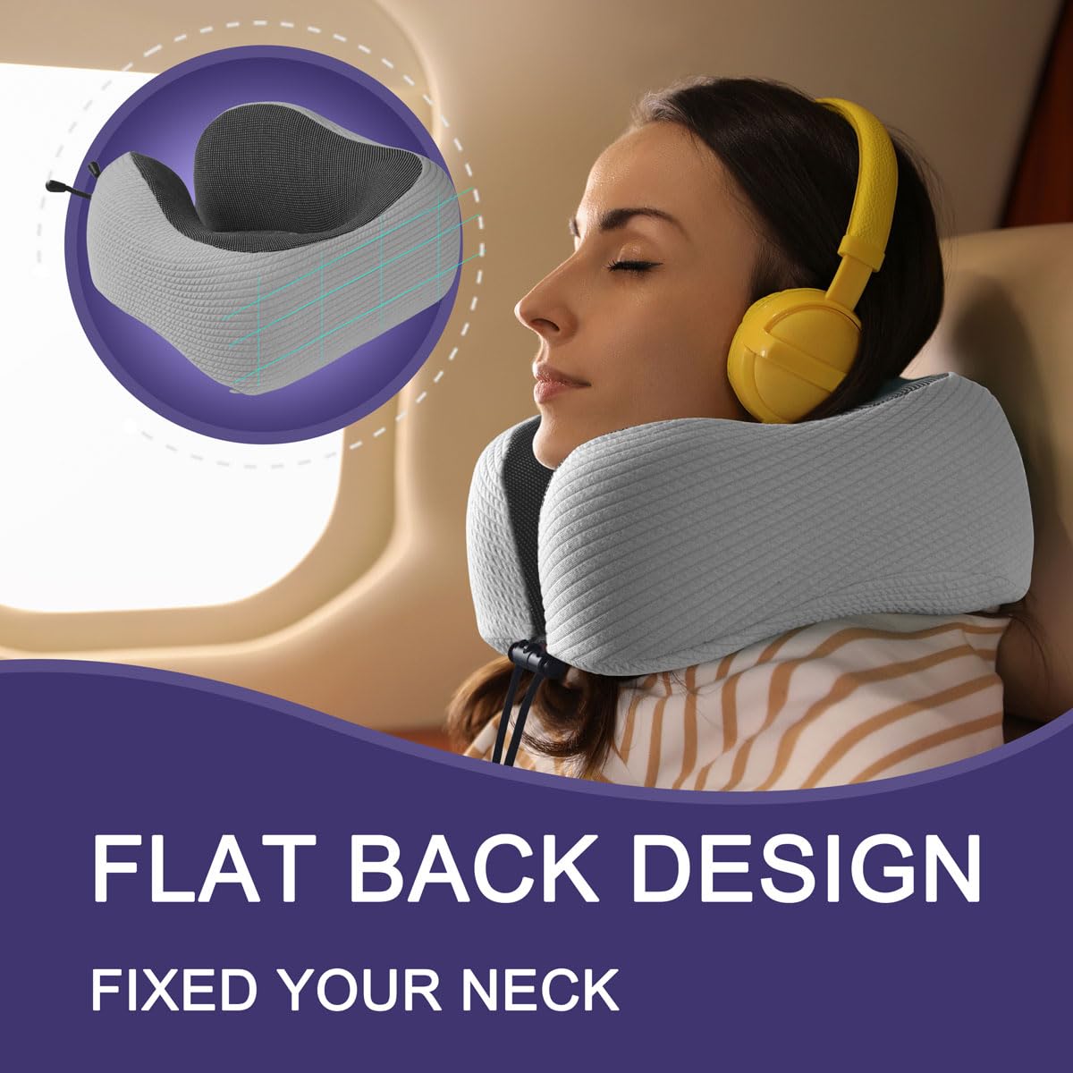 napfun Neck Pillow for Traveling, Upgraded Travel Neck Pillow for Airplane 100% Pure Memory Foam Travel Pillow for Flight Headrest Sleep, Portable Plane Accessories, Striped Light Grey