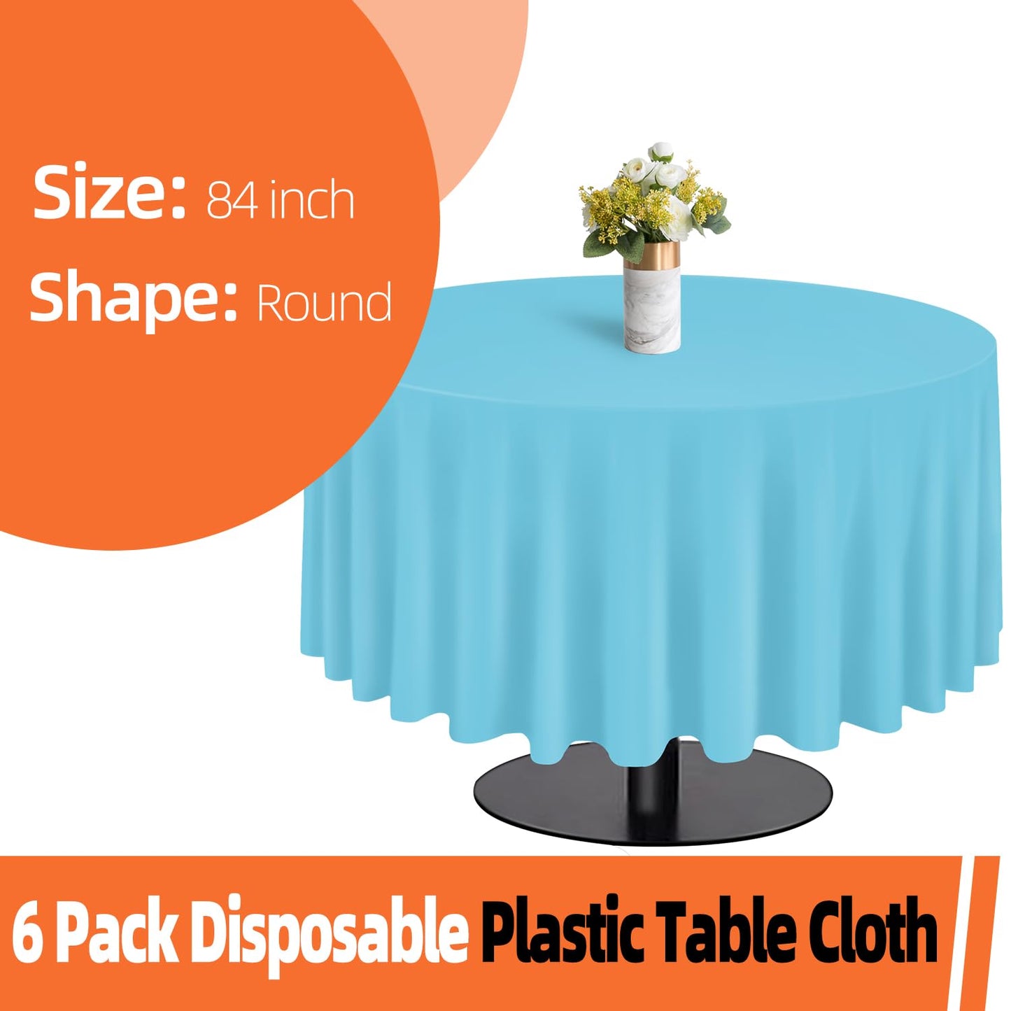 tujol Light Blue 6 Pack Plastic Table Cloth 84", Disposable Round Tablecloth Table Cover, Plastic Table Cloths for Parties