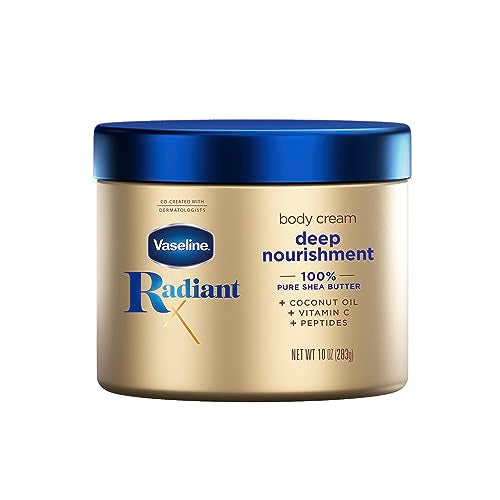 Vaseline Radiant X Deep Nourishment Body Cream 100% Pure Shea Butter, Coconut Oil, Vitamin C, & Peptides 10 oz