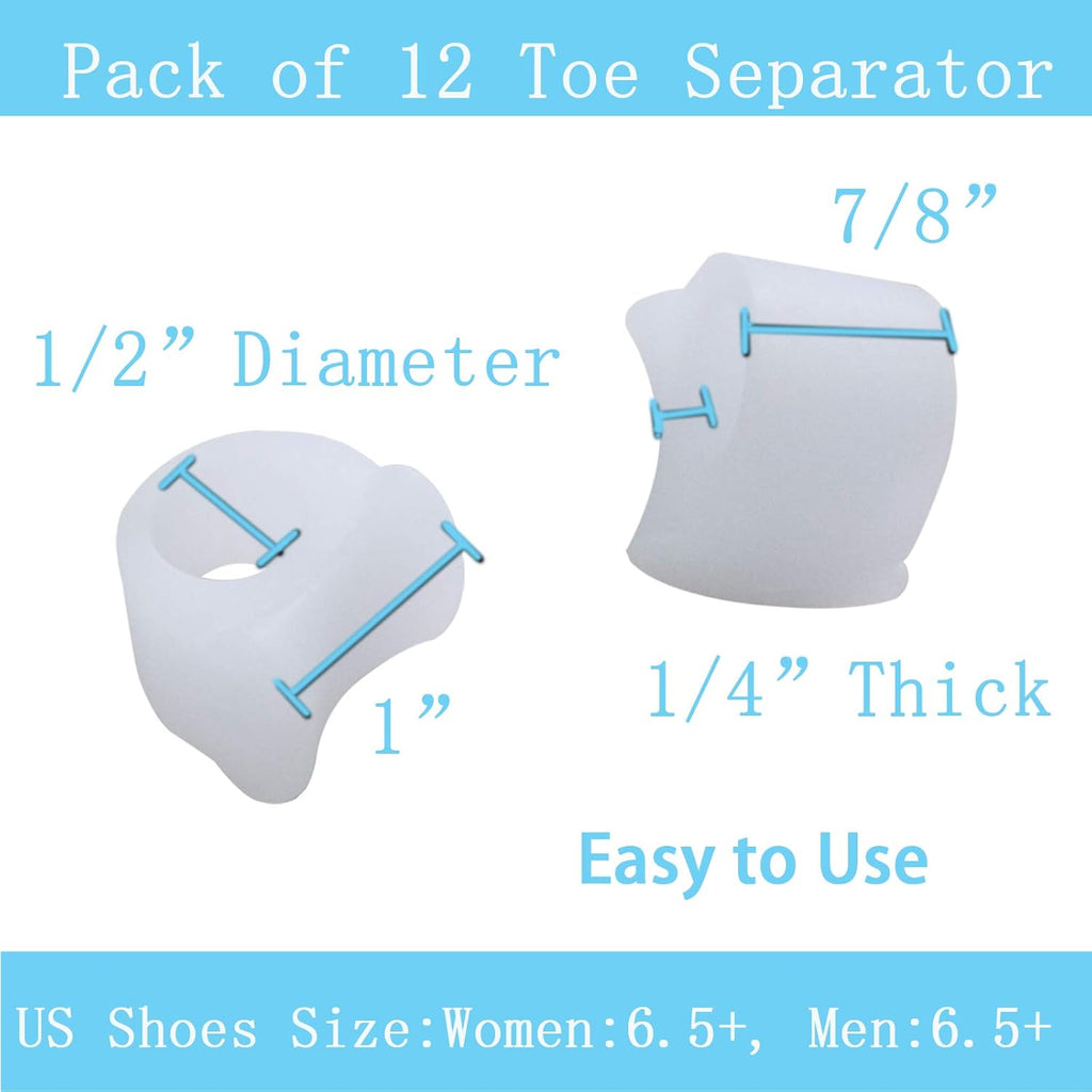 Pack of 12 Gel Toe Separator, (1/4" Thick) Big Toe Spacers, Single Loop Toe Spreader for Bunions, Overlapping Toe, Corrector and Spacer (Clear)