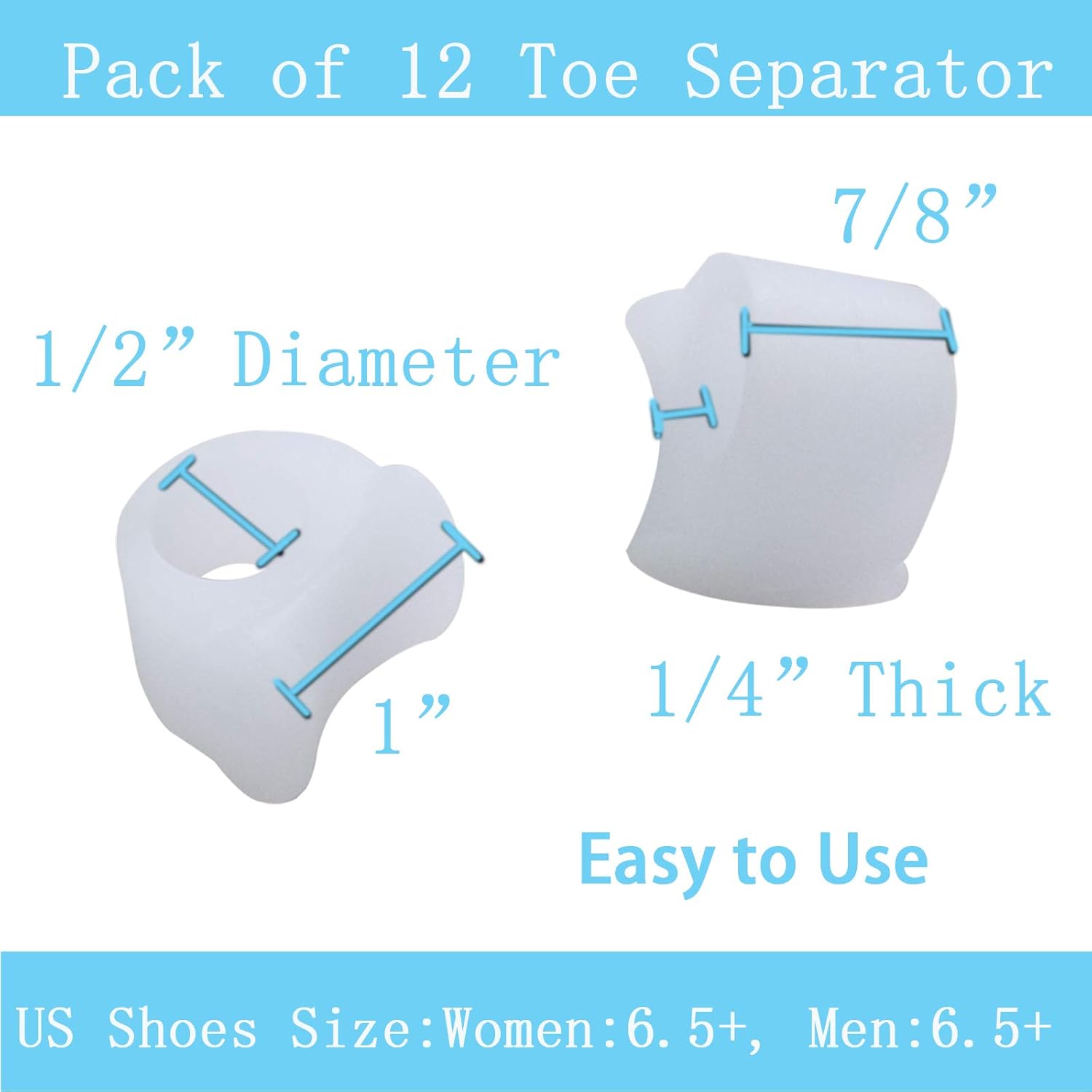 Pack of 12 Gel Toe Separator, (1/4" Thick) Big Toe Spacers, Single Loop Toe Spreader for Bunions, Overlapping Toe, Corrector and Spacer (Clear)