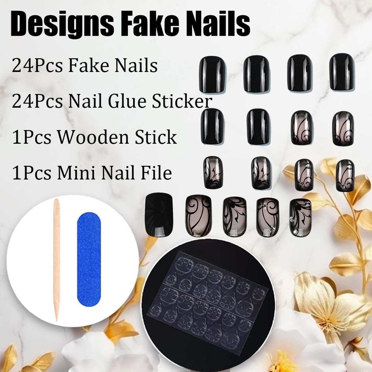 24 Pcs Black Press on Nails Short Square Curve Line Vine Stick on Nails Glossy Fake Nails with Rhinestones Reusable Full Cover False Nails for Women Nail Decoration