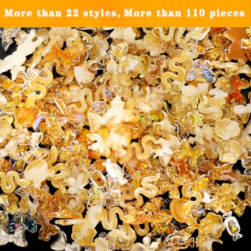 COOSLIM 110 Pieces 3D Bow Nail Charms for Acrylic Nails, Bows Rose Flower Butterfly Bowknot Heart Bear Rabbit Star Charms for Nail Art Designs DIY Accessories Craft(Gold)