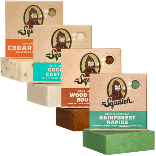 Dr. Squatch All Natural Bar Soap for Men, 4 Bar Variety Pack - Men's Natural Bar Soap - Rainforest Rapids, Wood Barrel Bourbon, Coconut Castaway, and Cedar Citrus