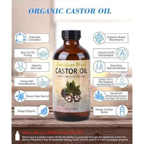 Jamaican Black Castor Oil, Organic Castor Oil Cold Pressed Unrefined Glass Bottle,Rich in Vitamin E, Omega Fatty Acids and Minerals Castor Oil for Face, Hair & Skin, Lashes & Brows, Nail Care 8OZ