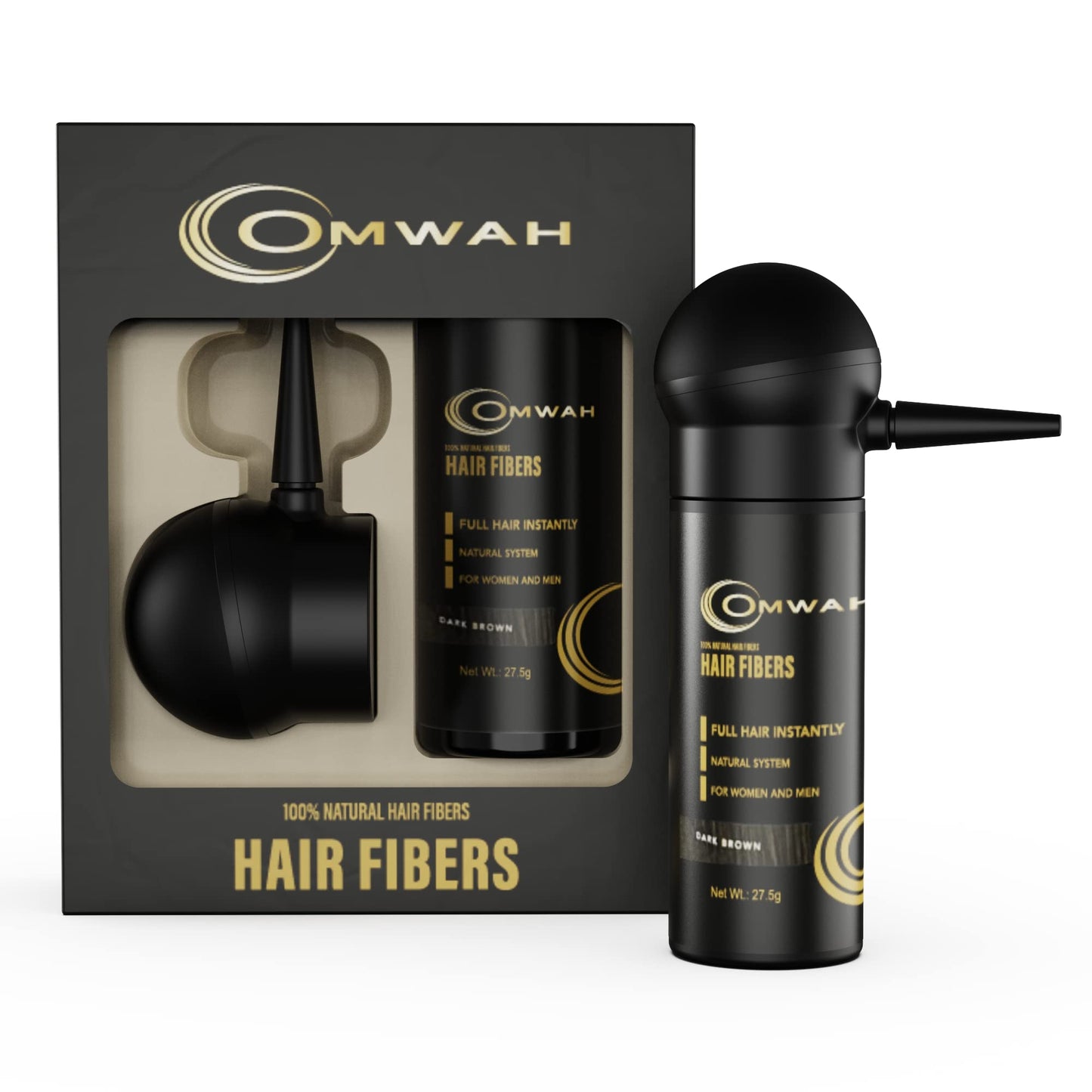 OMWAH Natural Hair Fiber 2-in-1 Kit With Natural & Undetectable Natural Hair Thickening Fibers & Spray Applicator Pump Nozzle, Instant Thicker Hair (Dark Brown)