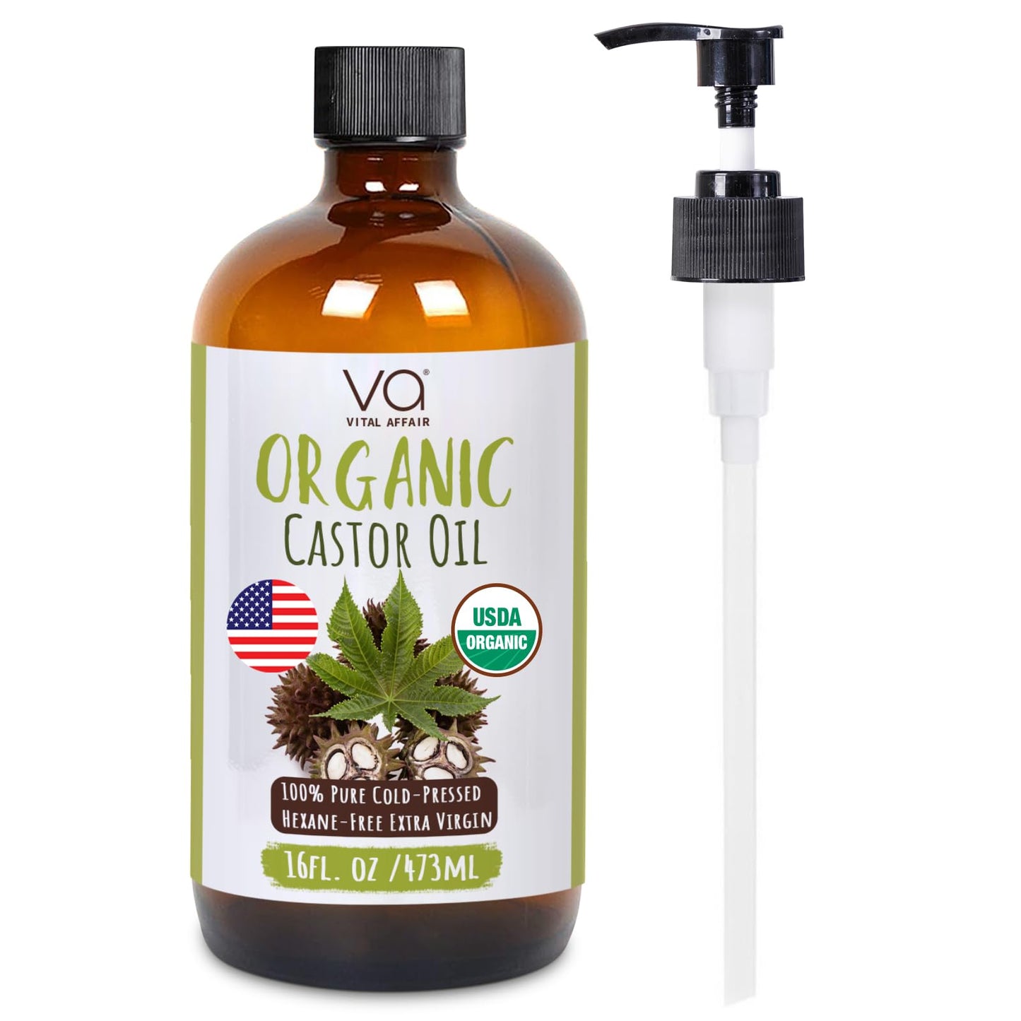 VITAL AFFAIR Castor Oil Organic Cold Pressed Unrefined Glass Bottle- USDA Certified Organic Castor Oil For Castor Oil Pack Wrap-Castor Oil For Skin, Hair Growth, Eyelashes, Eyebrows & Nails-16 fl oz