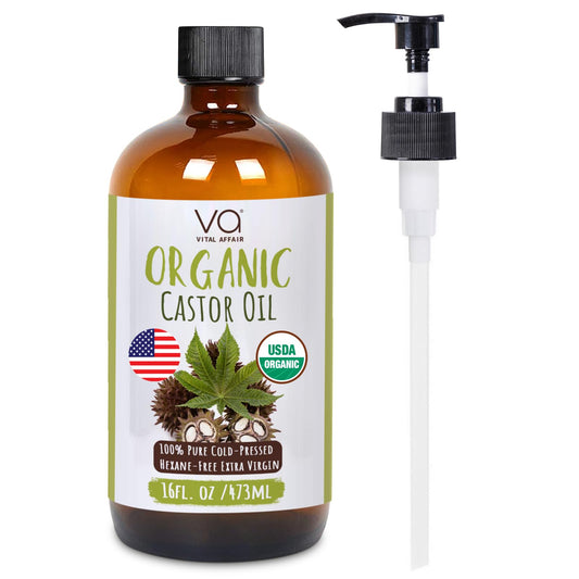 VITAL AFFAIR Castor Oil Organic Cold Pressed Unrefined Glass Bottle- USDA Certified Organic Castor Oil For Castor Oil Pack Wrap-Castor Oil For Skin, Hair Growth, Eyelashes, Eyebrows & Nails-16 fl oz