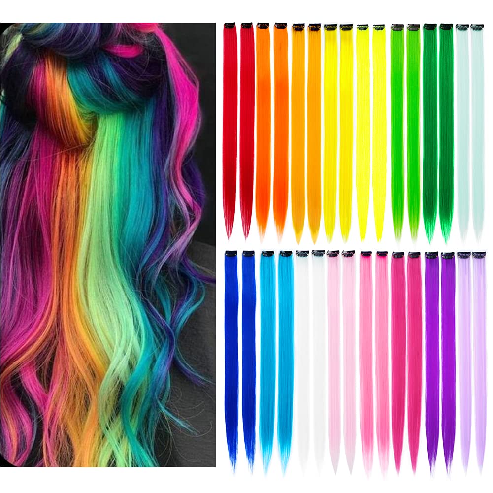 KGBFASS 32Packs Colored Hair Extensions 20Inch Straight Color Clip in on Hair Extension Rainbow Party Highlights Synthetic Hairpiece for Girls (16 colors)