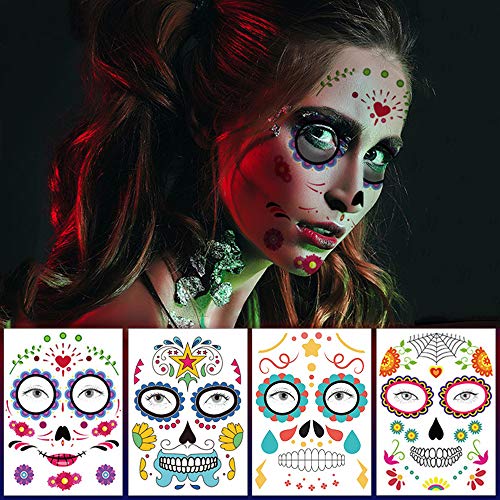 Day of the Dead Temporary Tattoos - 10 Pack Sugar Skull Face Stickers