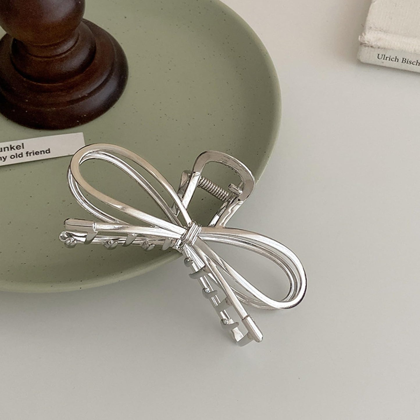 Bow Hair Clips and Claws - Large Metal Silver Bowknot Nonslip Jaw Clips with Strong Hold for Thick or Thin Hair Styling Accessories