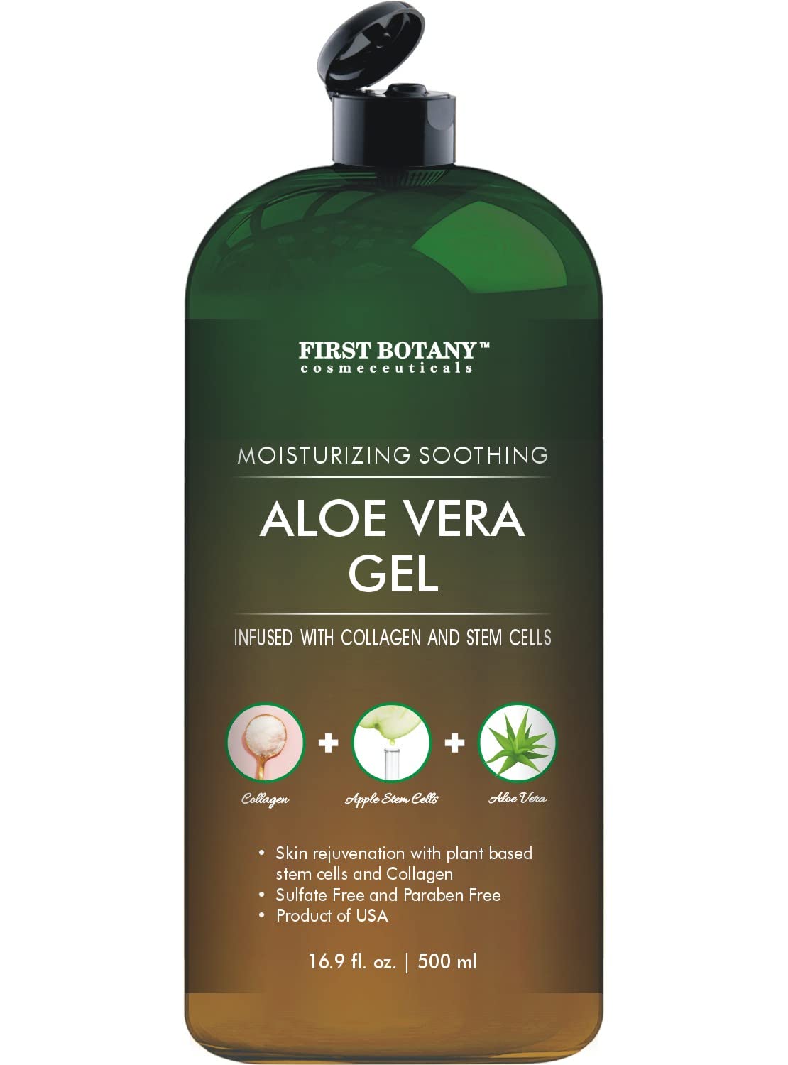 First Botany, Pure Aloe vera gel 100% Fresh Pure Aloe Infused with Stem Cells, Collagen Tea Tree Oil Natural Raw Moisturizer for Face Skin Body Hair Perfect for Sunburn, Acne, Razor Bumps 16.9 fl oz