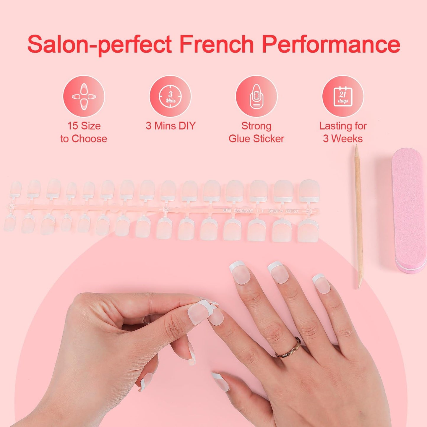 LIARTY 150 Pcs French Press On Nails Short Square, French Tip False Nails Manicure, 15 Size Acrylic Full Cover Artificial Fake Nails (Natural)