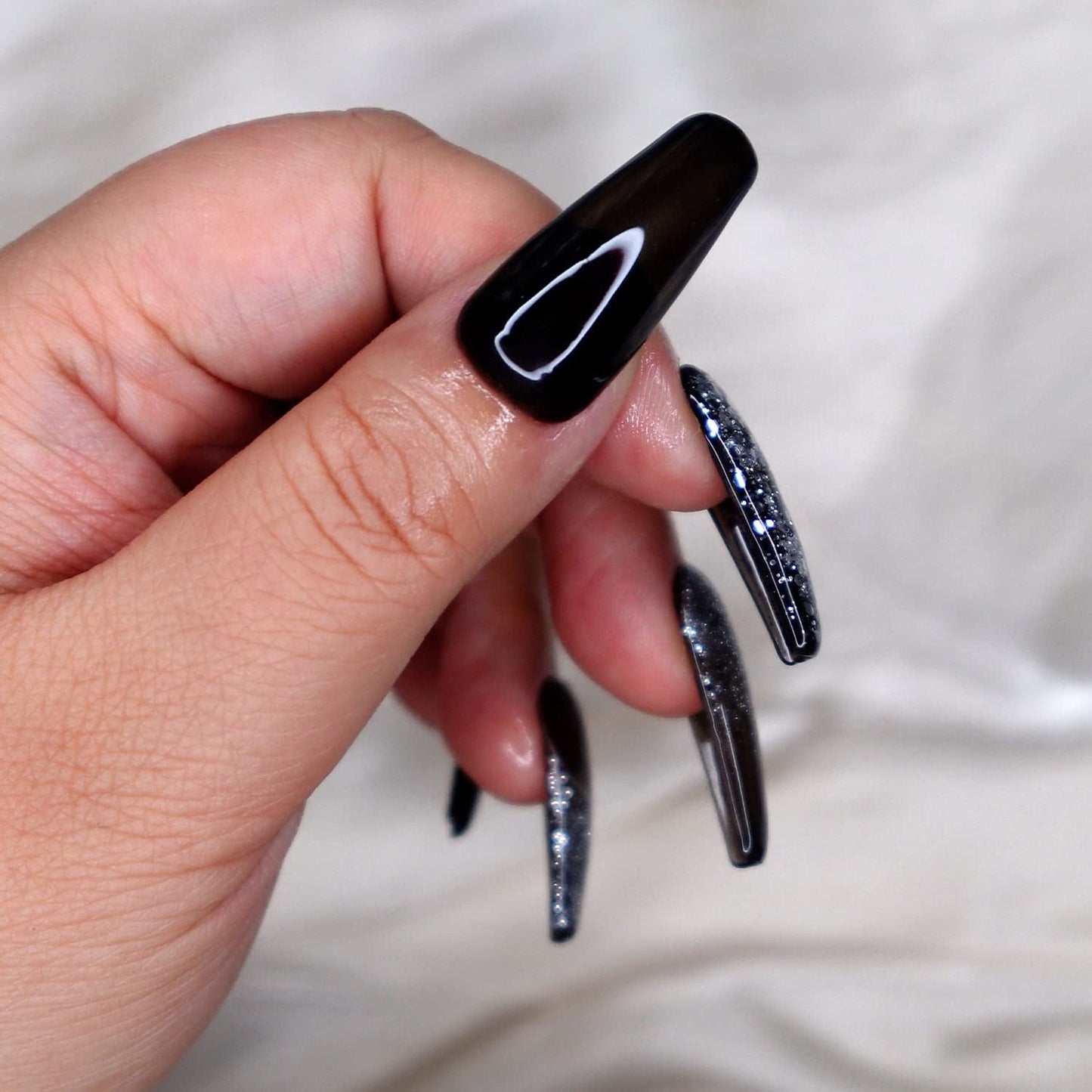 10 Pcs Handmade Press on Nails (X-Small, Hard Rock - Jelly Black with Silver French Tips and Star Dust Ombre/Long Coffin) A096XS