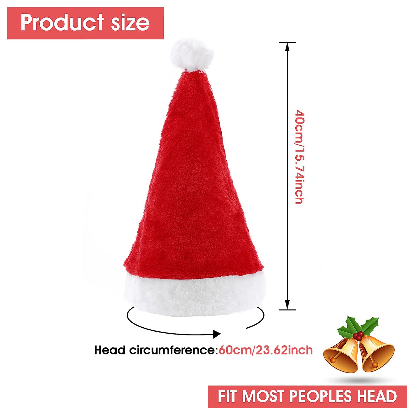 Christmas Hat for Adult Kids, Velvet Santa Hat Unisex Xmas Hats Cosplay Christmas Hats for New Year Holiday Party Supplies (Red-Adults)